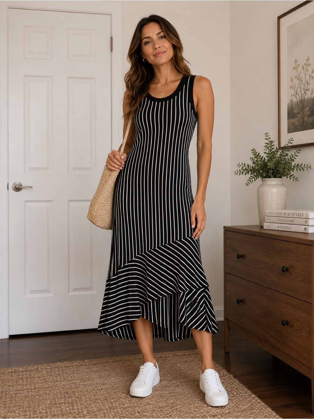 CAbi Black and White Striped Sleeveless Midi Dress